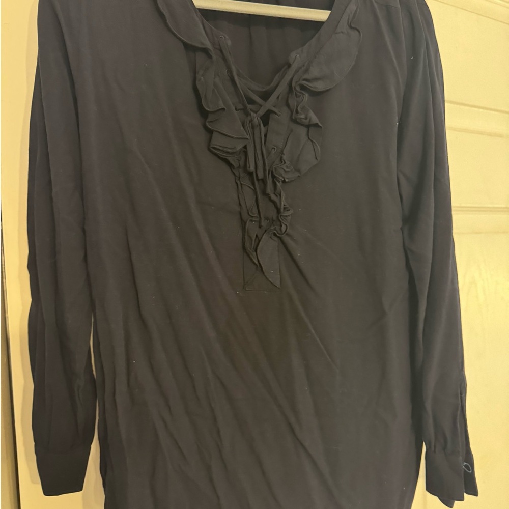 LOFT Blue Ruffled Tie Front 3/4 Sleeve Blouse